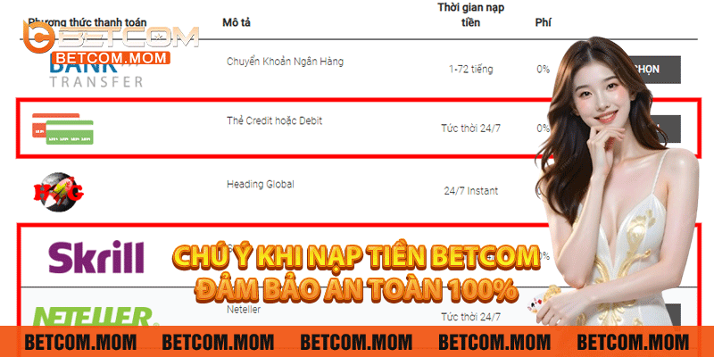 Chú ý khi nạp tiền Betcom để đảm bảo an toàn 100%